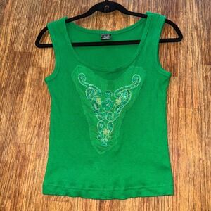 Voice Y2K Green Ribbed Tank Top Beaded Mesh Appliqué Fairycore M